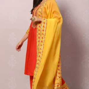 Coral Red And Yellow Cotton Viscose Straight Suit Set