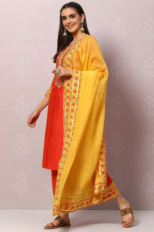 Coral Red And Yellow Cotton Viscose Straight Suit Set