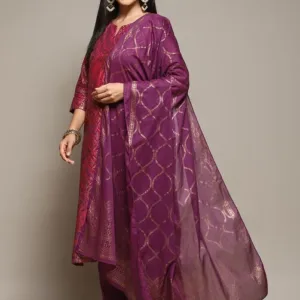 Purple Cambric Straight Printed Kurta Slim Pant Suit Set