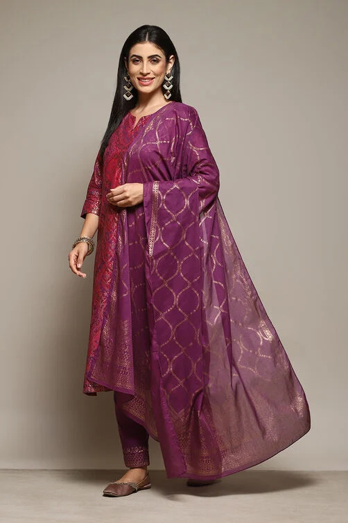 Purple Cambric Straight Printed Kurta Slim Pant Suit Set