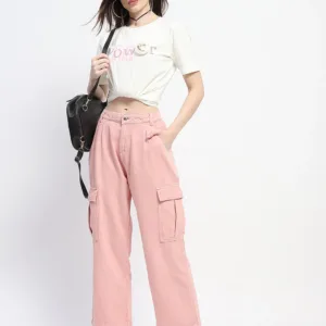 Madame Relax Fit Pink Denim Cargo Pants