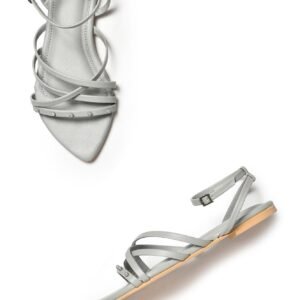 W Embroidered Grey Pointed Toe Flat