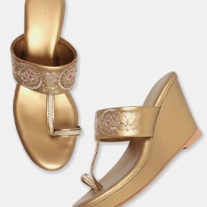 W Embroidered Antique Gold Almond Toe Platform