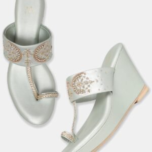 W Pastel Green Whole Foot Embroidered Almond Toe Wedge