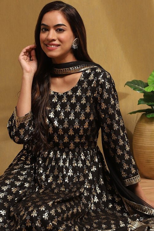 Black Foil Printed Anarkali Suit Set