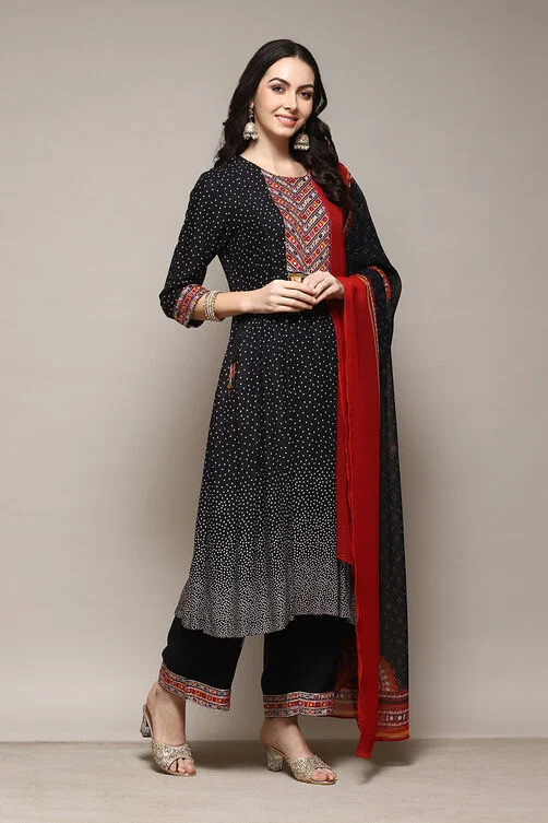 Black LIVA Kalidar Kurta Palazzo Suit Set
