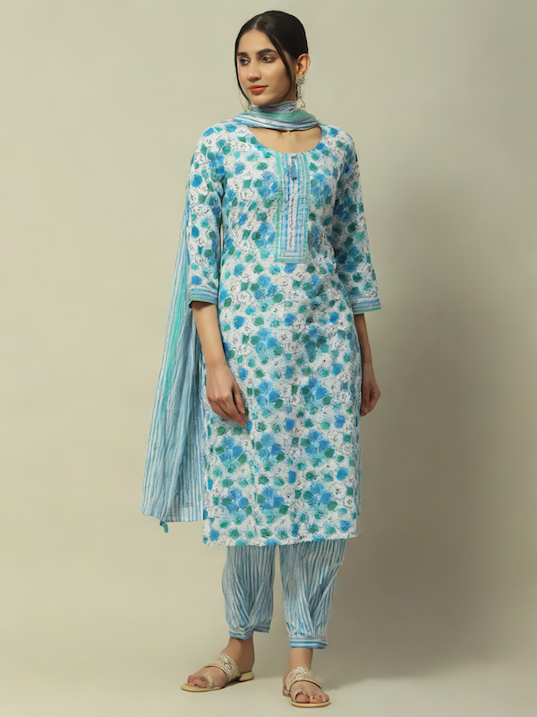 Blue Cambric Straight Suit Set