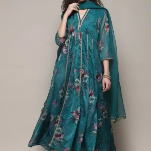 Peacock Green Polyester Anarkali Kurta Churidar Suit Set