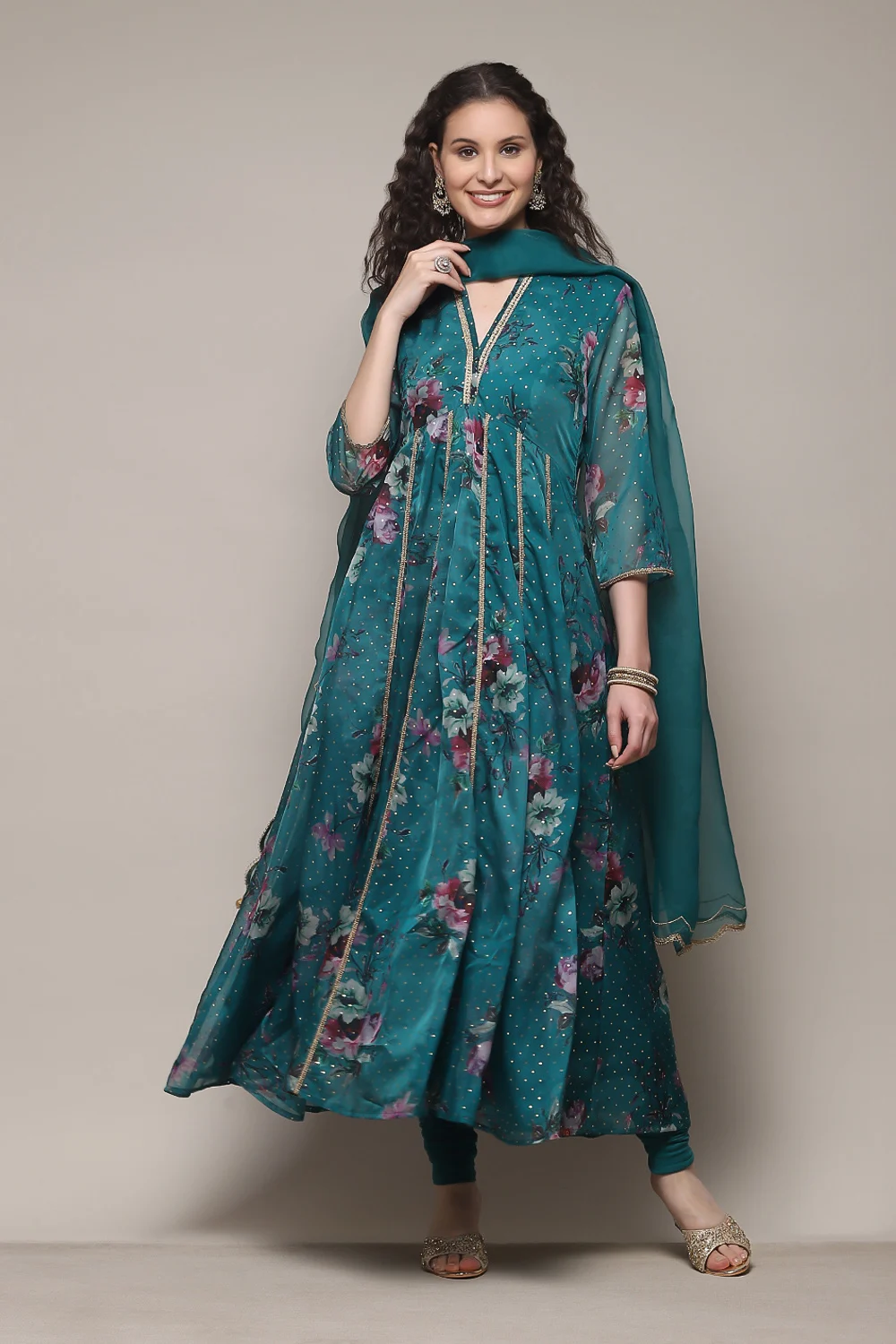 Peacock Green Polyester Anarkali Kurta Churidar Suit Set