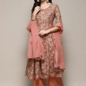 Peach Polyester Straight Kurta Palazzo Suit Set