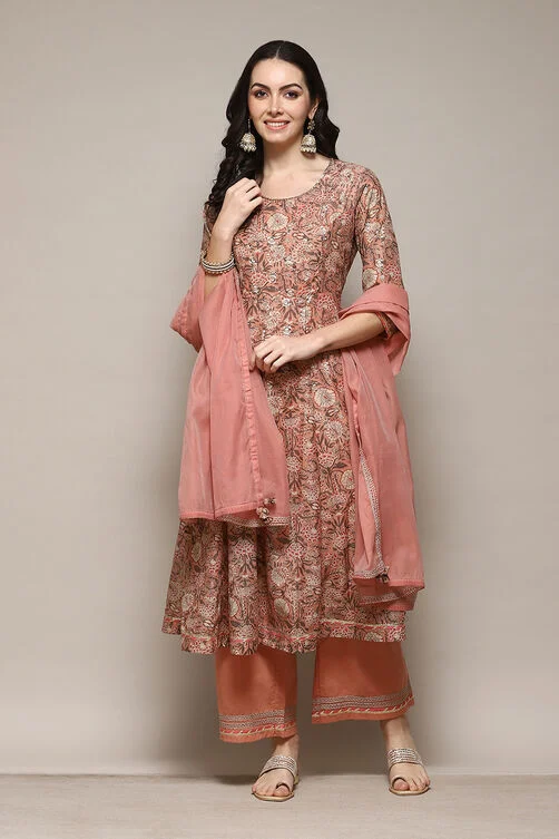 Peach Polyester Straight Kurta Palazzo Suit Set