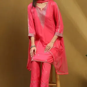 Pink Embroidered Straight Suit Set