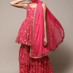 Deep Fuchsia Polyester Straight Kurta Garara Suit Set