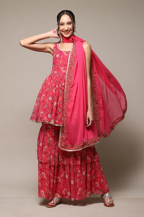 Deep Fuchsia Polyester Straight Kurta Garara Suit Set