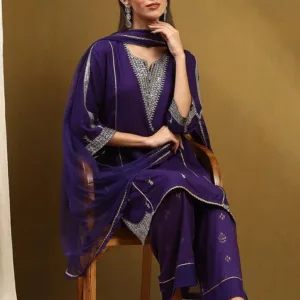 Purple Embroidered Straight Suit Set
