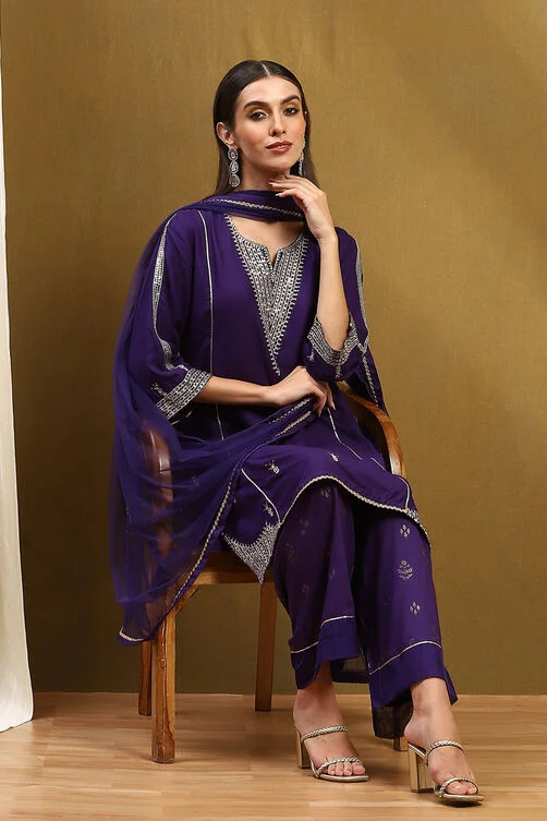Purple Embroidered Straight Suit Set