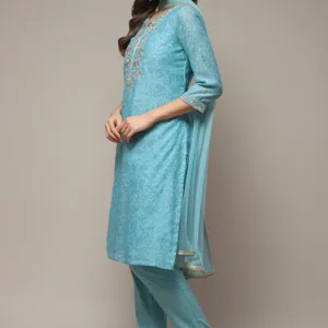 Turquoise Cotton Blend Straight Kurta Pants Suit Set