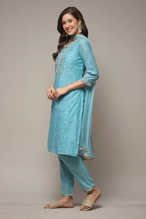 Turquoise Cotton Blend Straight Kurta Pants Suit Set