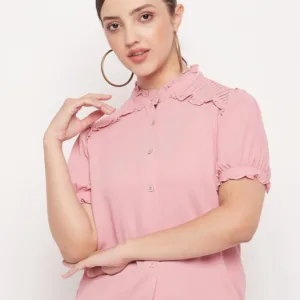Puff Sleeve Pleated Cotton Shirt Style Top