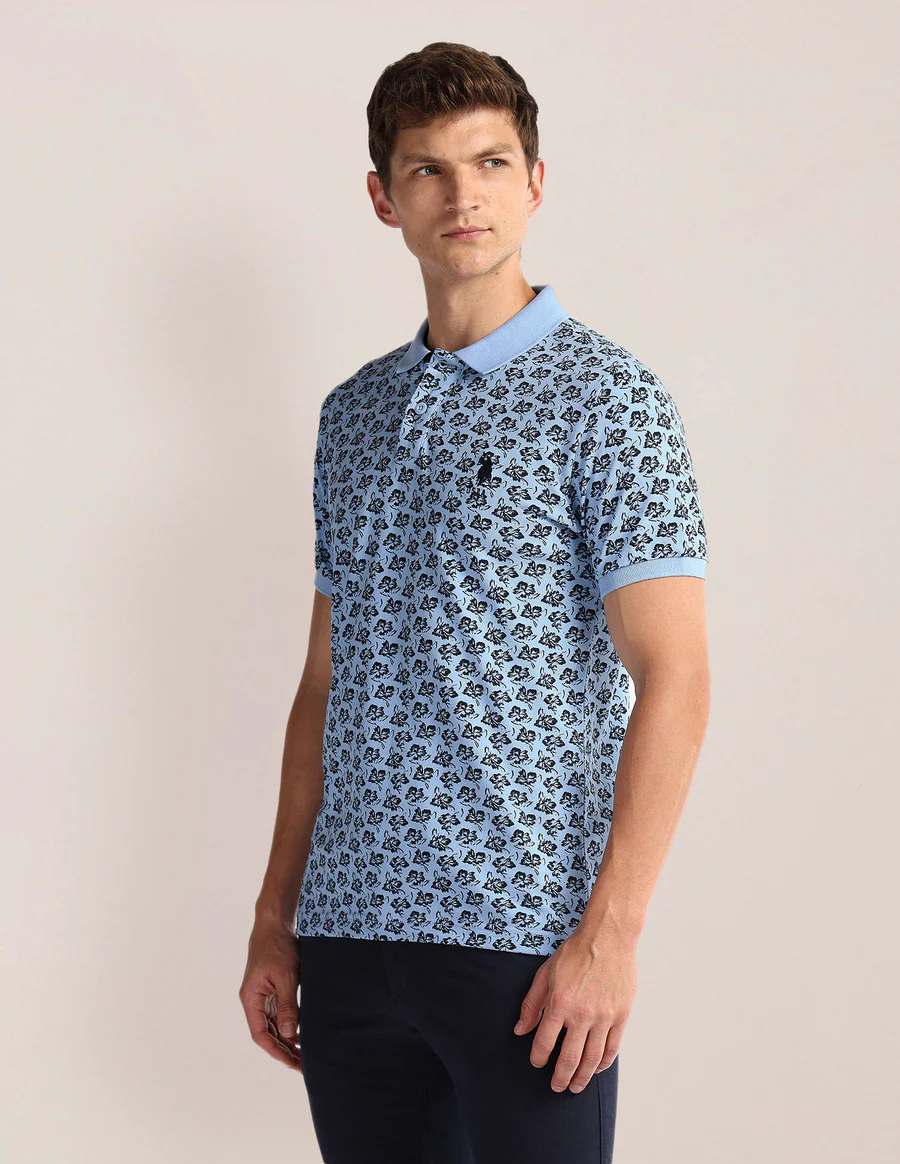 Men Pure Cotton Floral Blue Polo T-Shirt