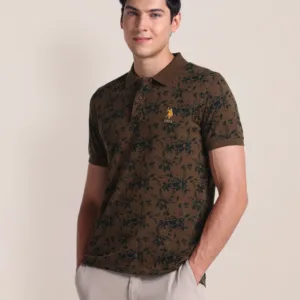 Men Floral Printed Camo Brown Polo Collar T-shirt