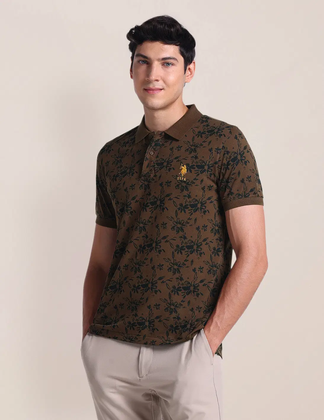 Men Floral Printed Camo Brown Polo Collar T-shirt