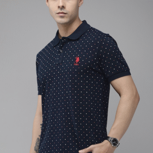 Men Blue Printed Polo Collar Pure Cotton Slim Fit T-shirt