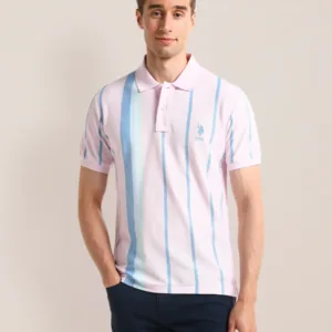Vertical Striped Slim Fit Pink Polo Shirt