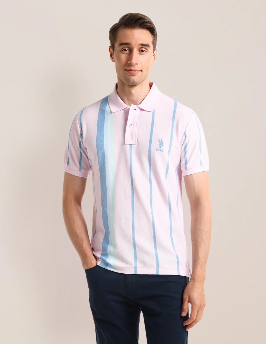 Vertical Striped Slim Fit Pink Polo Shirt