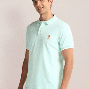 Men Aqua Green Floral Printed Polo Collar Cotton Slim Fit T-Shirt