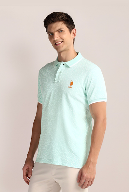 Men Aqua Green Floral Printed Polo Collar Cotton Slim Fit T-Shirt