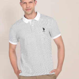 Men Checked Polo Collar Black and White Monochrome T-shirt