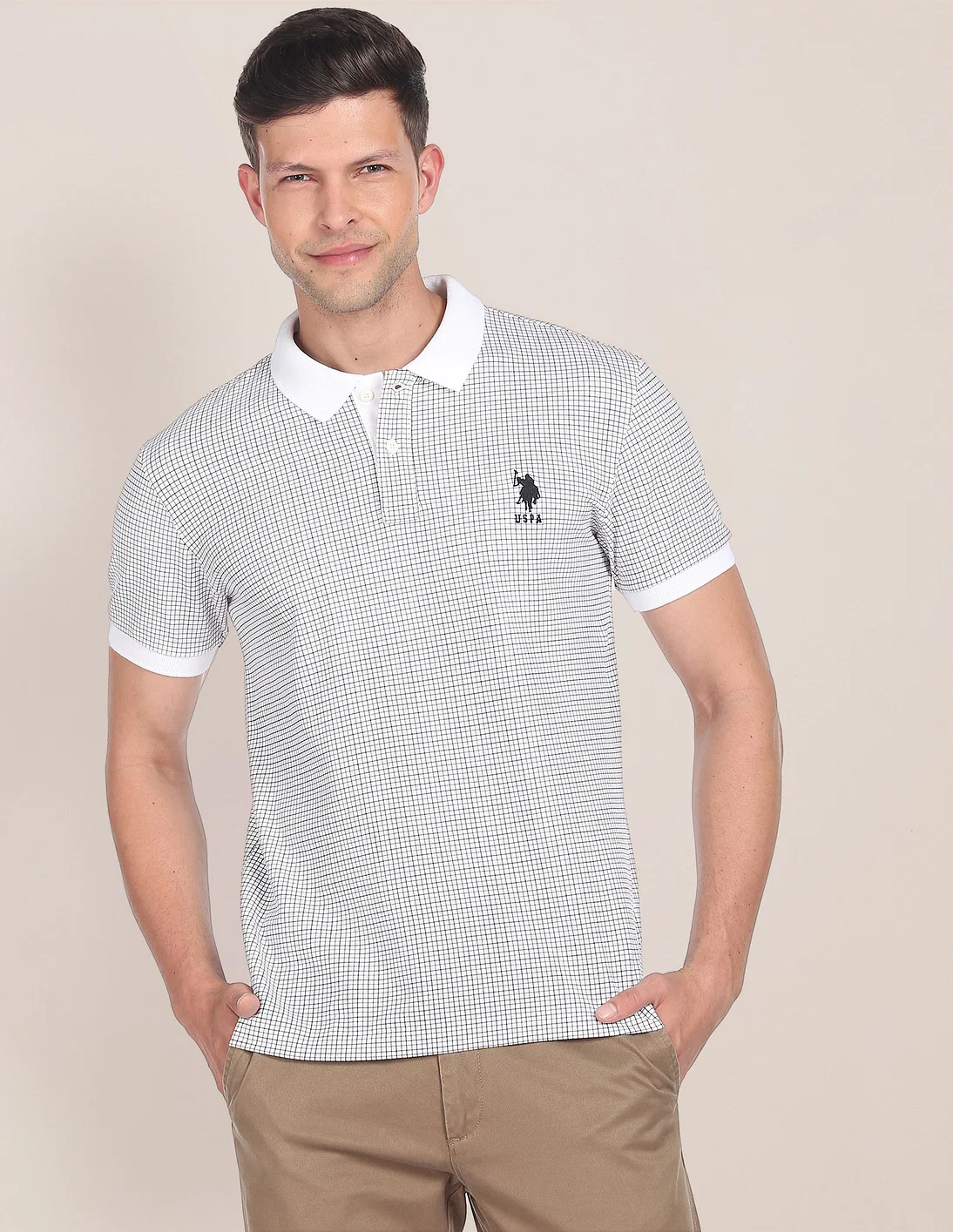 Men Checked Polo Collar Black and White Monochrome T-shirt