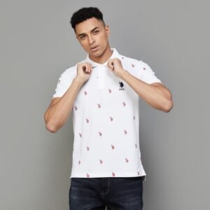 Slim Fit Brand Logo Printed White Polo Collar Cotton T-shirt