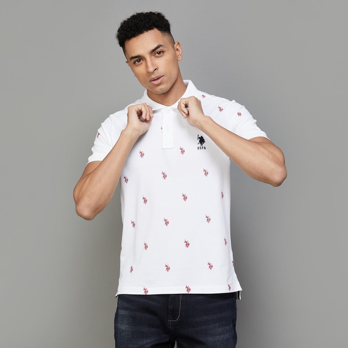 Slim Fit Brand Logo Printed White Polo Collar Cotton T-shirt