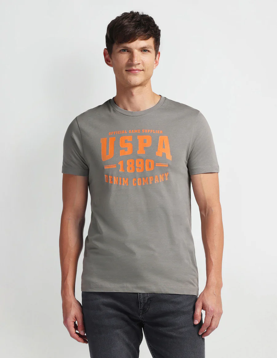 Brand Print Muscle Fit Grey Varsity Logo T-Shirt